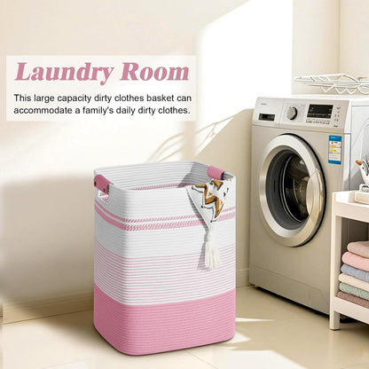 Laundry Hamper, 95L Tall Laundry Basket with Leather Handles, Rectangle Large Clothes Hamper for Organizing, Cotton Woven Laundry Baskets Storage Hampers for Bedroom, Nursery, Living Room