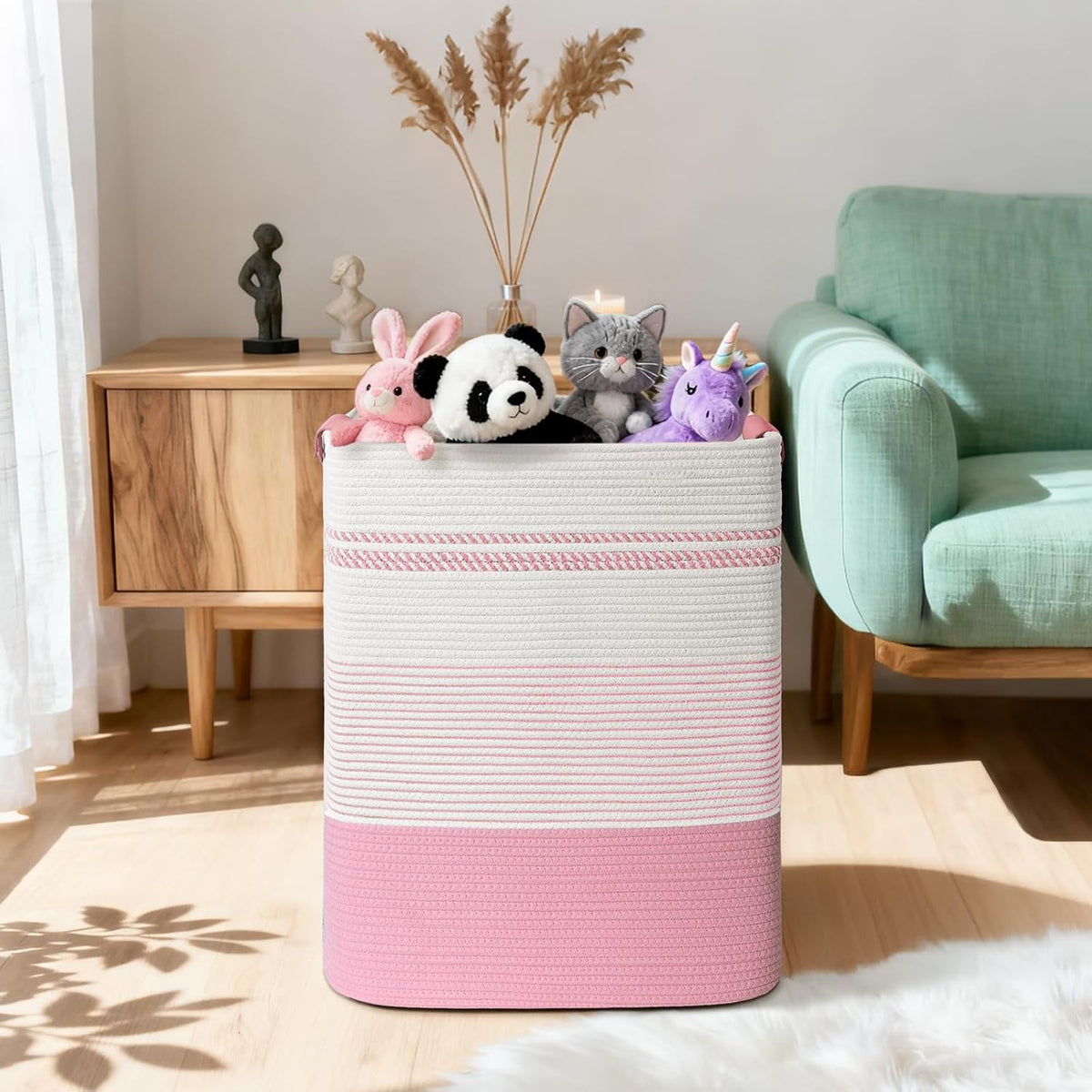 Laundry Hamper, 95L Tall Laundry Basket with Leather Handles, Rectangle Large Clothes Hamper for Organizing, Cotton Woven Laundry Baskets Storage Hampers for Bedroom, Nursery, Living Room