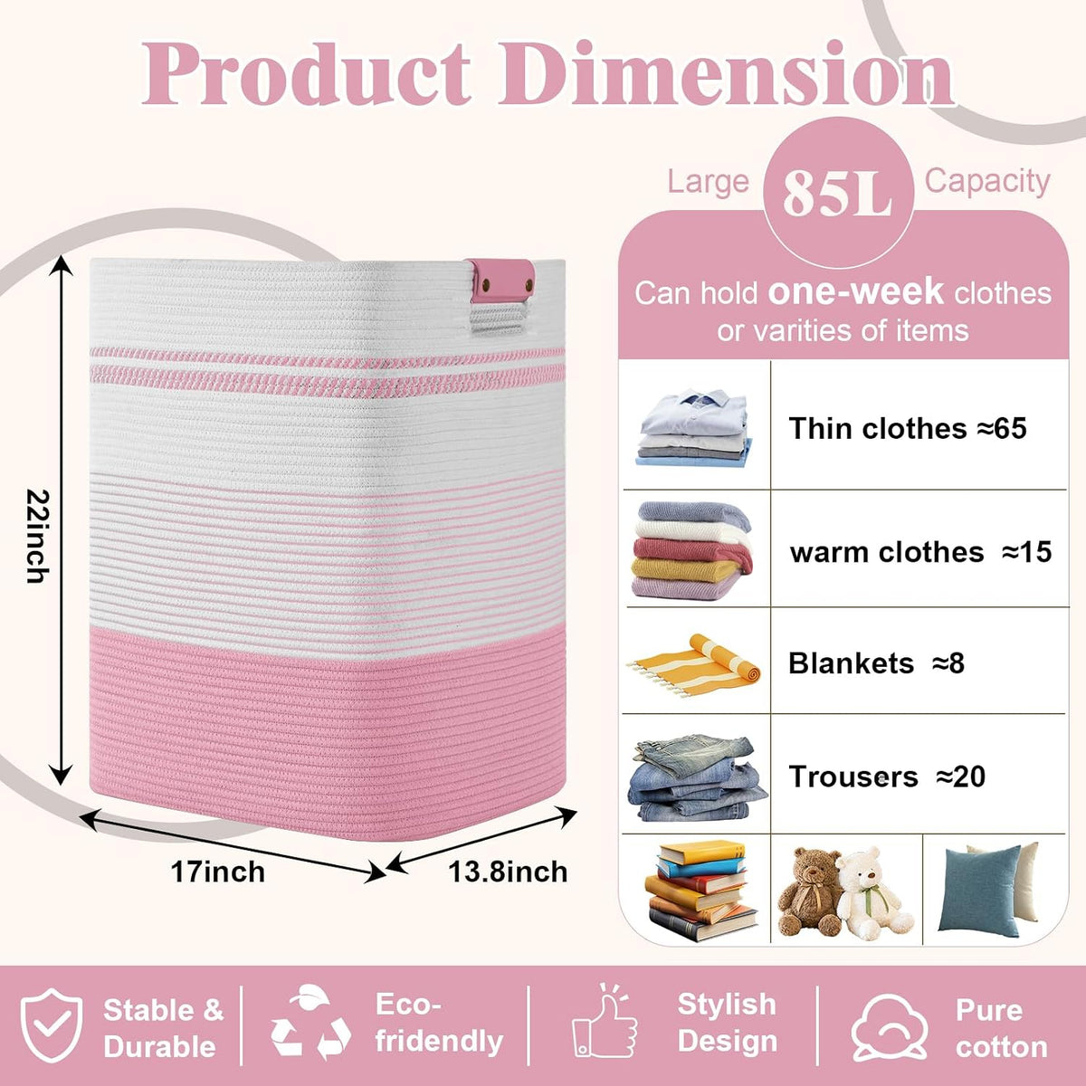 Laundry Hamper, 95L Tall Laundry Basket with Leather Handles, Rectangle Large Clothes Hamper for Organizing, Cotton Woven Laundry Baskets Storage Hampers for Bedroom, Nursery, Living Room