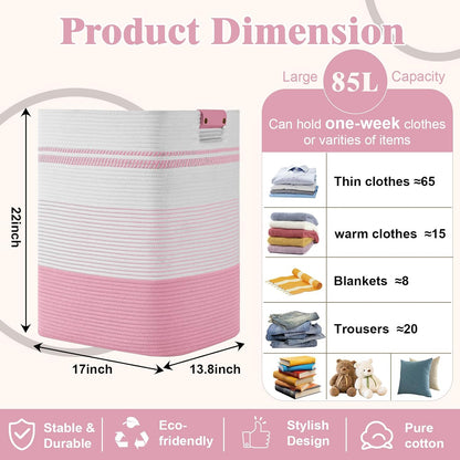 Laundry Hamper, 95L Tall Laundry Basket with Leather Handles, Rectangle Large Clothes Hamper for Organizing, Cotton Woven Laundry Baskets Storage Hampers for Bedroom, Nursery, Living Room