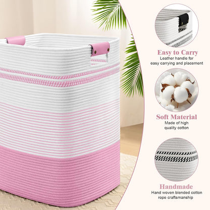 Laundry Hamper, 95L Tall Laundry Basket with Leather Handles, Rectangle Large Clothes Hamper for Organizing, Cotton Woven Laundry Baskets Storage Hampers for Bedroom, Nursery, Living Room