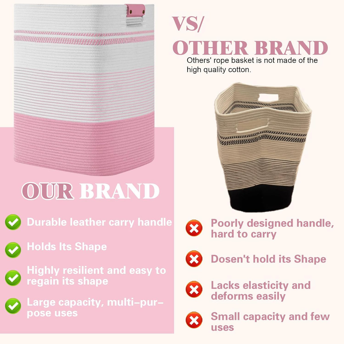 Laundry Hamper, 95L Tall Laundry Basket with Leather Handles, Rectangle Large Clothes Hamper for Organizing, Cotton Woven Laundry Baskets Storage Hampers for Bedroom, Nursery, Living Room