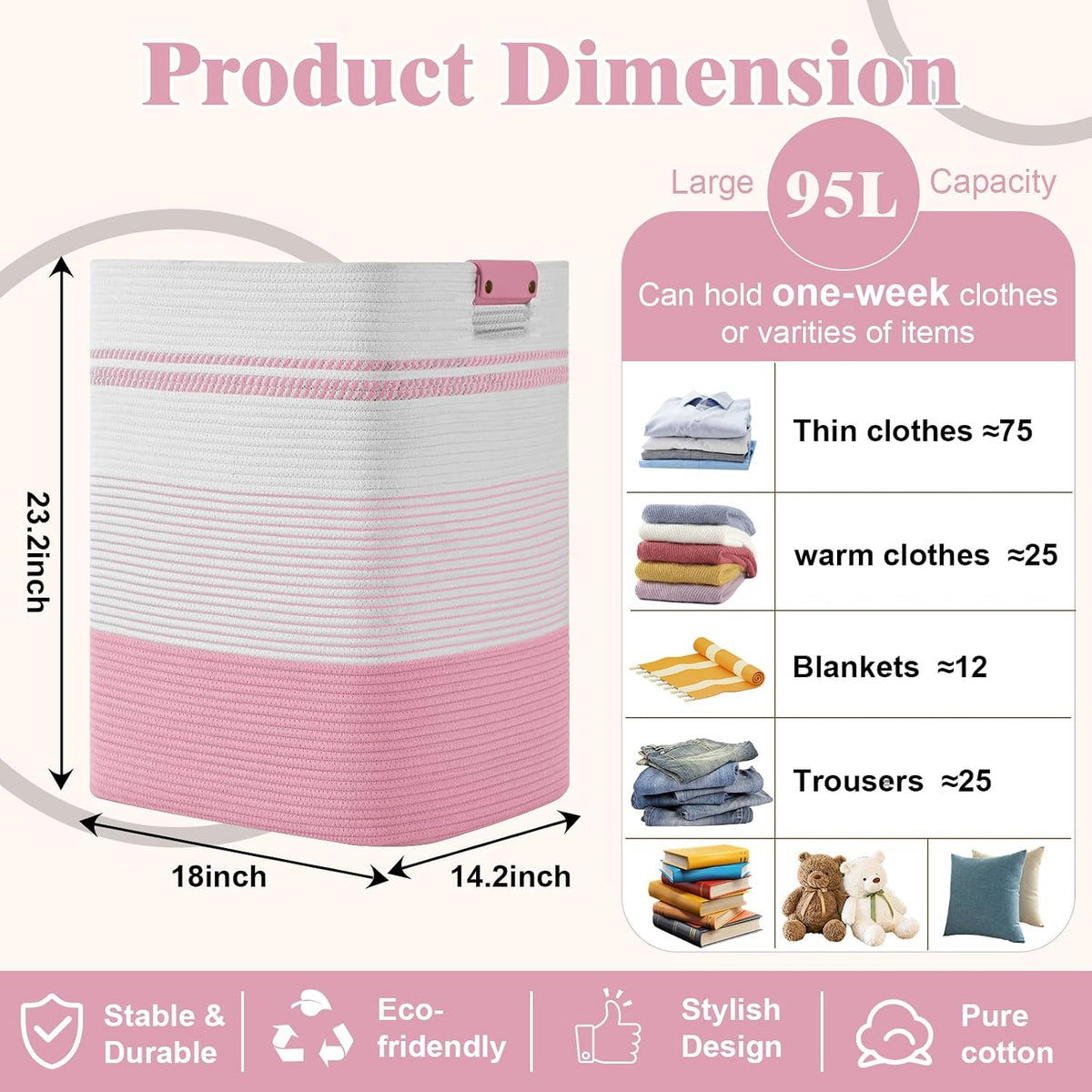 Laundry Hamper, 95L Tall Laundry Basket with Leather Handles, Rectangle Large Clothes Hamper for Organizing, Cotton Woven Laundry Baskets Storage Hampers for Bedroom, Nursery, Living Room