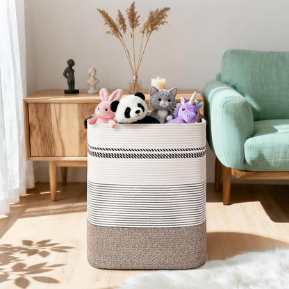 Laundry Hamper, 95L Tall Laundry Basket with Leather Handles, Rectangle Large Clothes Hamper for Organizing, Cotton Woven Laundry Baskets Storage Hampers for Bedroom, Nursery, Living Room