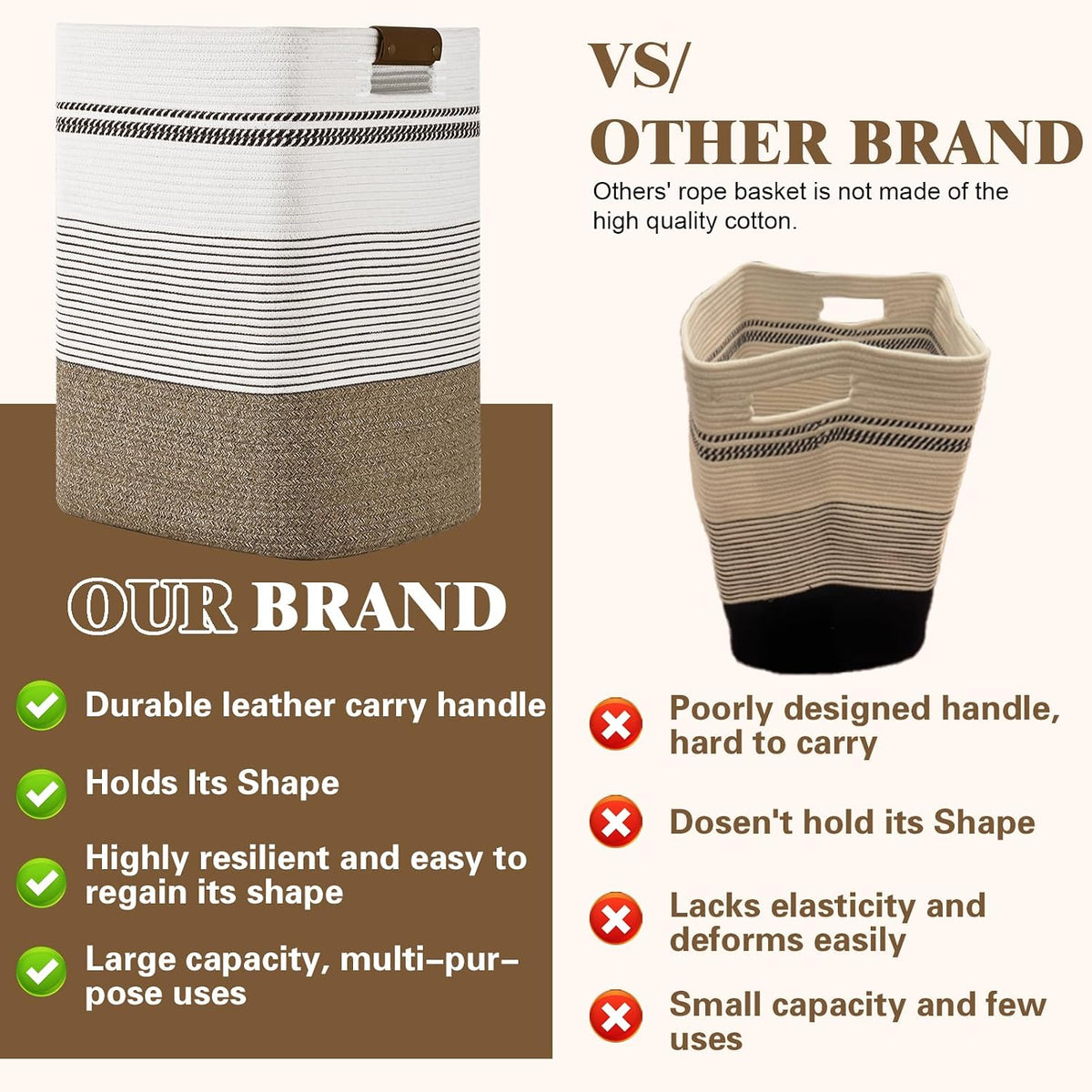 Laundry Hamper, 95L Tall Laundry Basket with Leather Handles, Rectangle Large Clothes Hamper for Organizing, Cotton Woven Laundry Baskets Storage Hampers for Bedroom, Nursery, Living Room