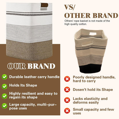 Laundry Hamper, 95L Tall Laundry Basket with Leather Handles, Rectangle Large Clothes Hamper for Organizing, Cotton Woven Laundry Baskets Storage Hampers for Bedroom, Nursery, Living Room
