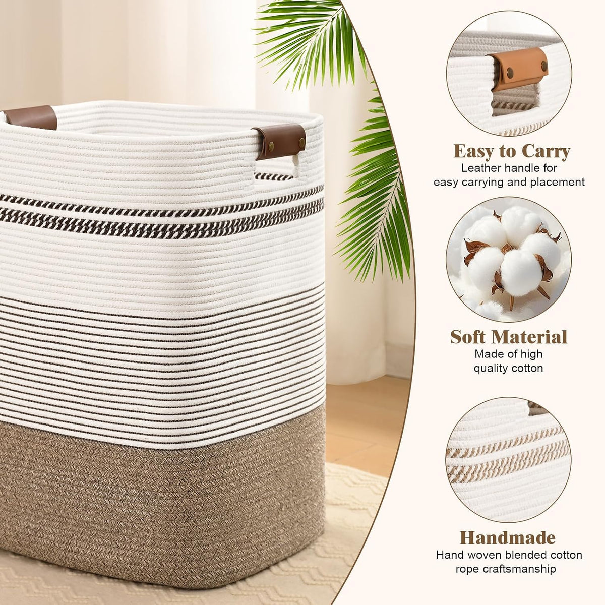Laundry Hamper, 95L Tall Laundry Basket with Leather Handles, Rectangle Large Clothes Hamper for Organizing, Cotton Woven Laundry Baskets Storage Hampers for Bedroom, Nursery, Living Room