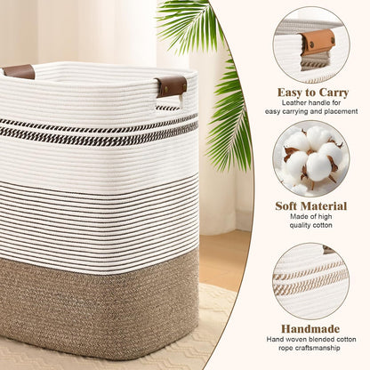Laundry Hamper, 95L Tall Laundry Basket with Leather Handles, Rectangle Large Clothes Hamper for Organizing, Cotton Woven Laundry Baskets Storage Hampers for Bedroom, Nursery, Living Room