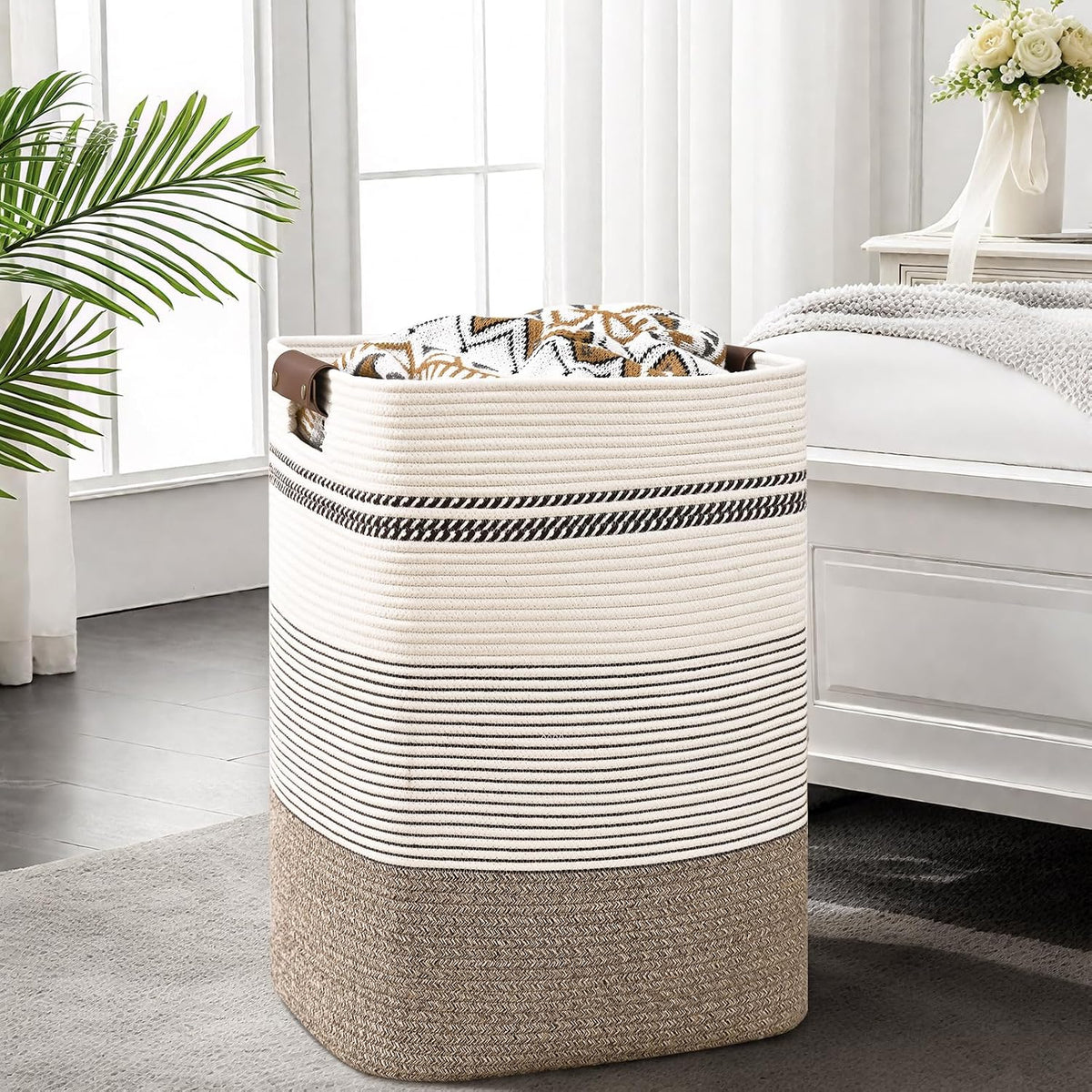 Laundry Hamper, 95L Tall Laundry Basket with Leather Handles, Rectangle Large Clothes Hamper for Organizing, Cotton Woven Laundry Baskets Storage Hampers for Bedroom, Nursery, Living Room