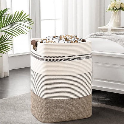 Laundry Hamper, 95L Tall Laundry Basket with Leather Handles, Rectangle Large Clothes Hamper for Organizing, Cotton Woven Laundry Baskets Storage Hampers for Bedroom, Nursery, Living Room