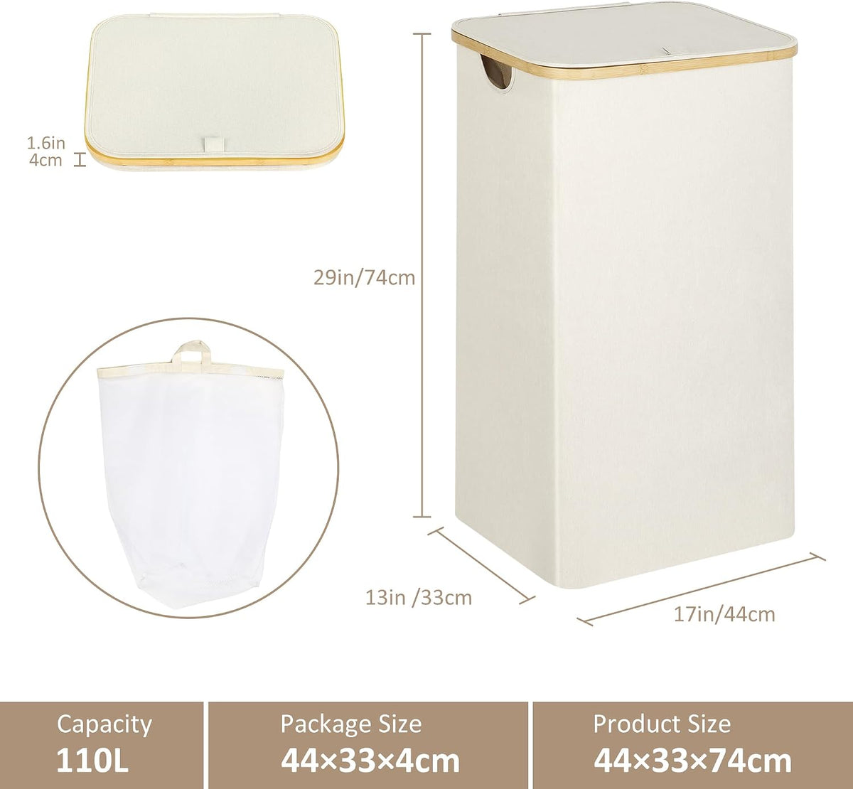 Laundry Hamper with Lid,110L Laundry Basket with Mesh Bags,Beige