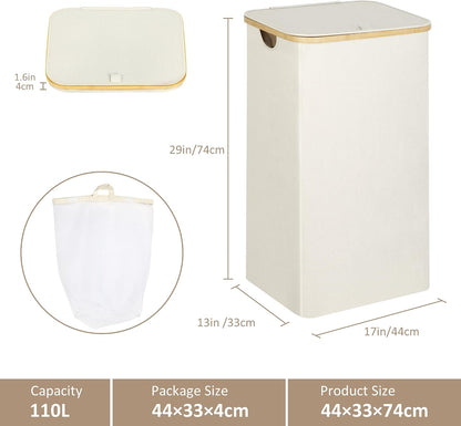 Laundry Hamper with Lid,110L Laundry Basket with Mesh Bags,Beige