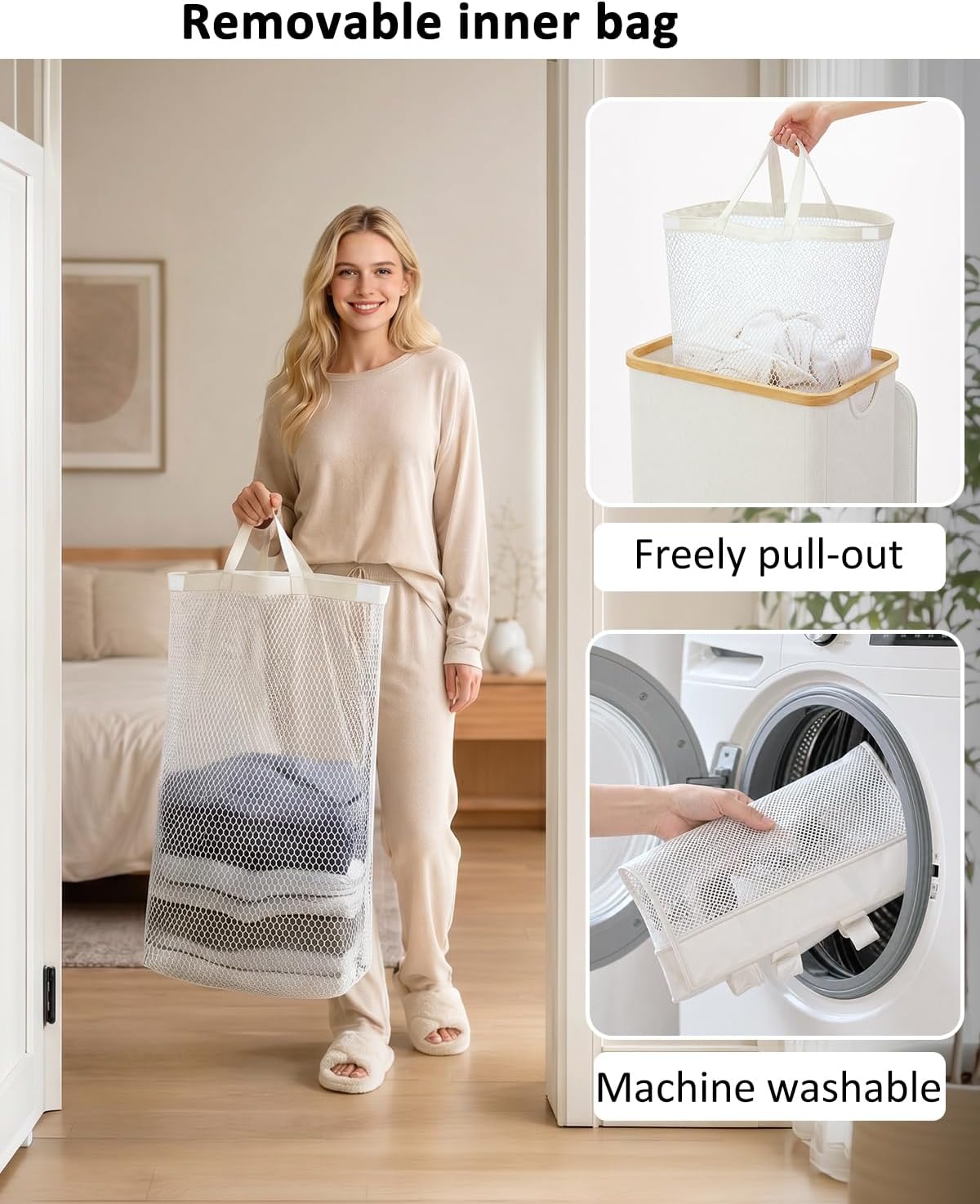 Laundry Hamper with Lid,110L Laundry Basket with Mesh Bags,Beige