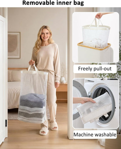 Laundry Hamper with Lid,110L Laundry Basket with Mesh Bags,Beige