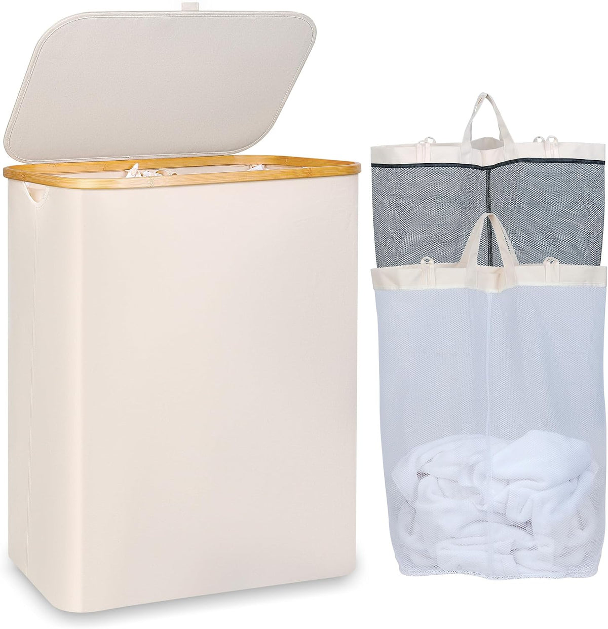 Laundry Hamper with Lid,110L Laundry Basket with Mesh Bags,Beige