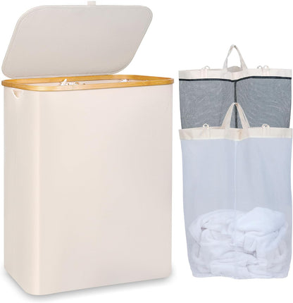 Laundry Hamper with Lid,110L Laundry Basket with Mesh Bags,Beige