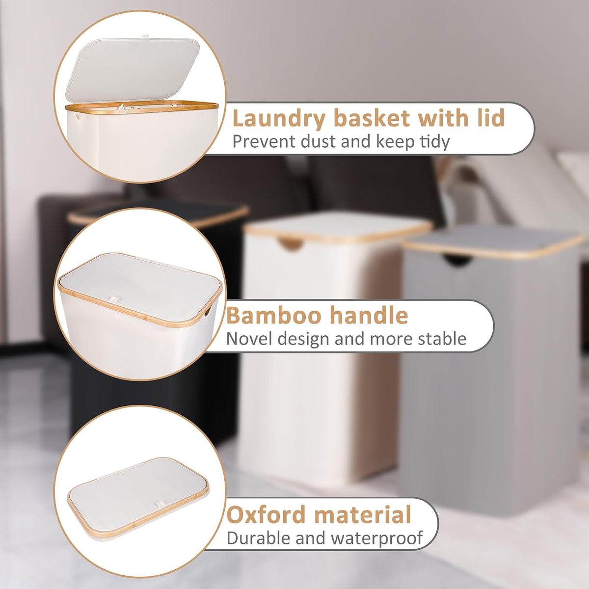 Laundry Hamper with Lid,110L Laundry Basket with Mesh Bags,Beige