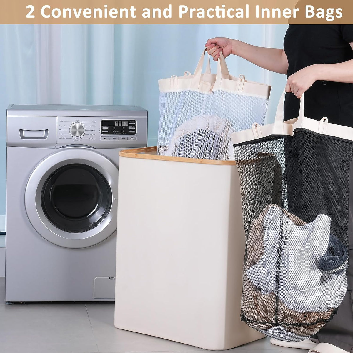 Laundry Hamper with Lid,110L Laundry Basket with Mesh Bags,Beige