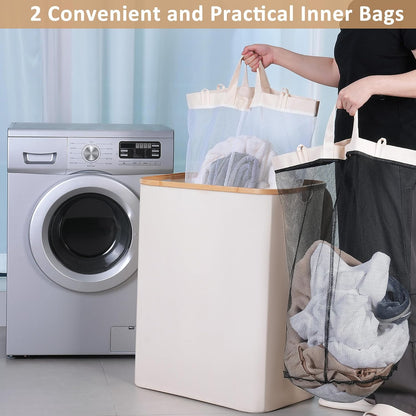 Laundry Hamper with Lid,110L Laundry Basket with Mesh Bags,Beige