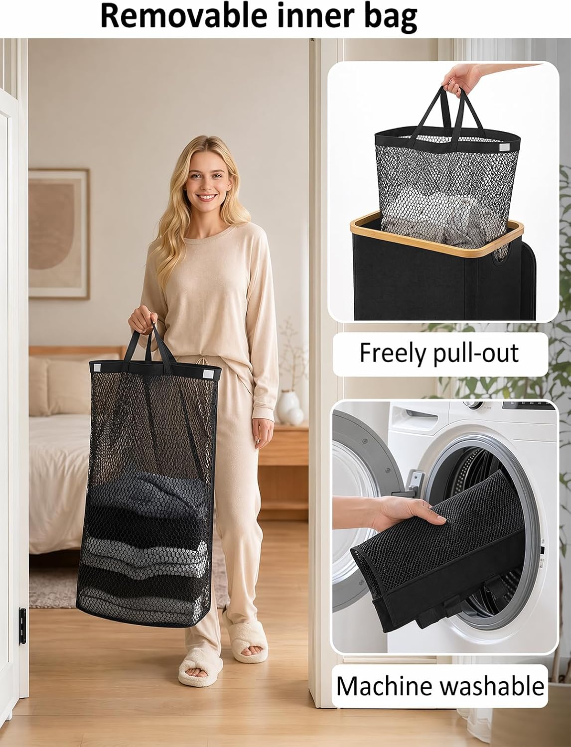 Laundry Hamper with Lid,110L Laundry Basket with Mesh Bags,Beige