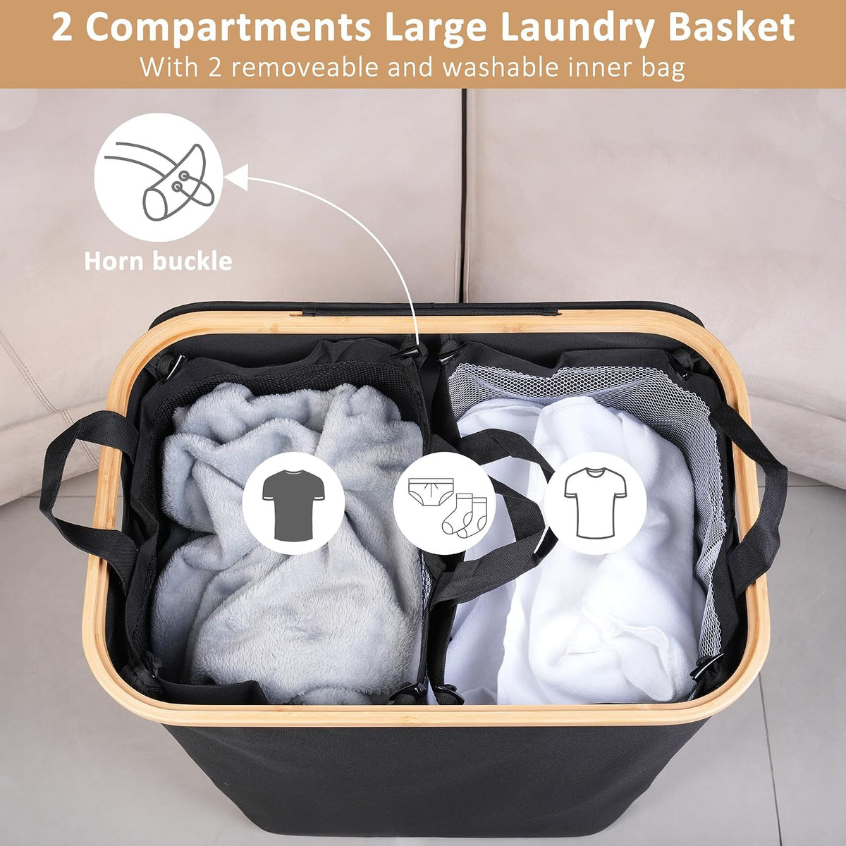 Laundry Hamper with Lid,110L Laundry Basket with Mesh Bags,Beige