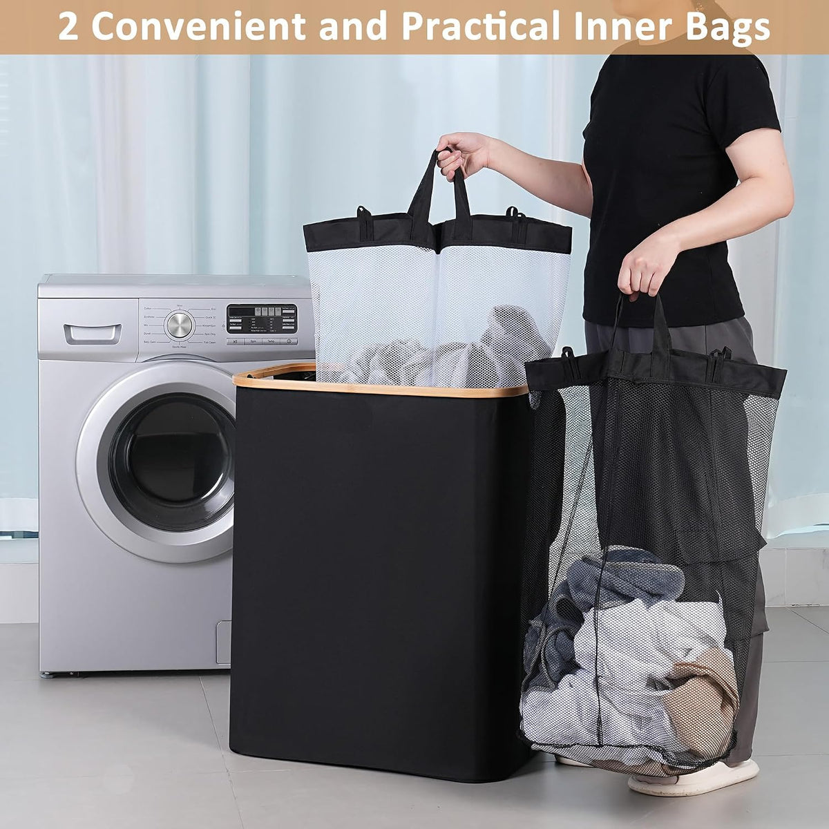 Laundry Hamper with Lid,110L Laundry Basket with Mesh Bags,Beige