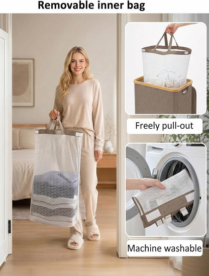 Laundry Hamper with Lid,110L Laundry Basket with Mesh Bags,Beige