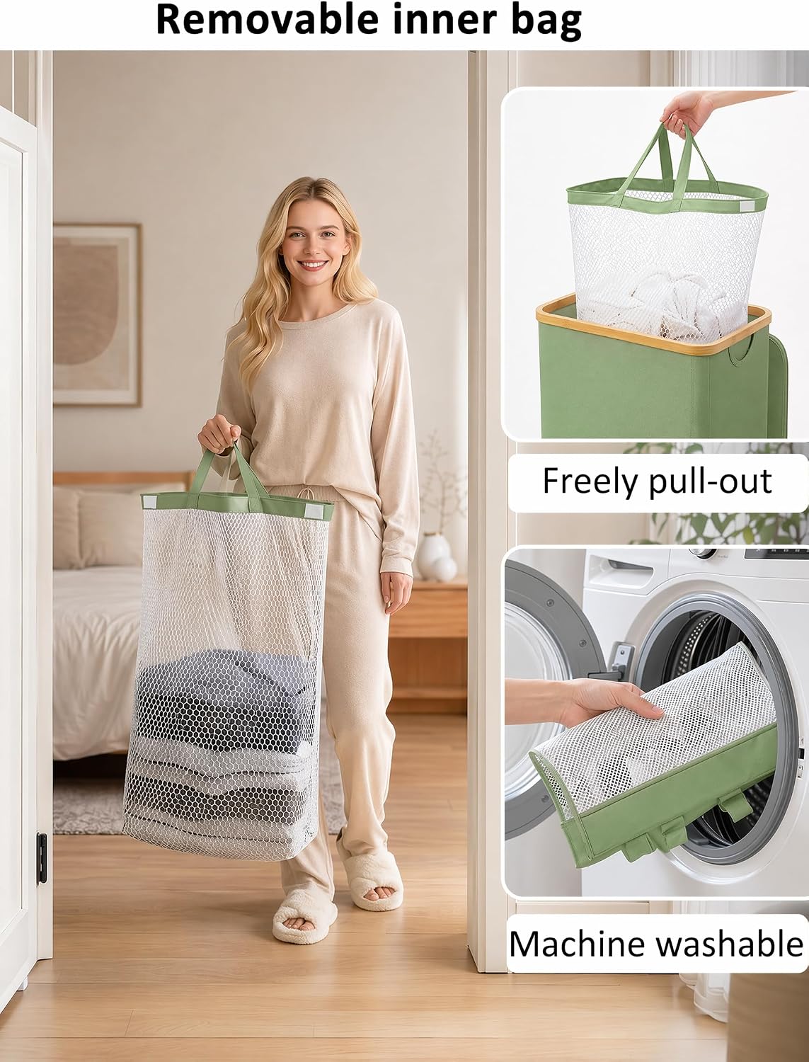 Laundry Hamper with Lid,110L Laundry Basket with Mesh Bags,Beige