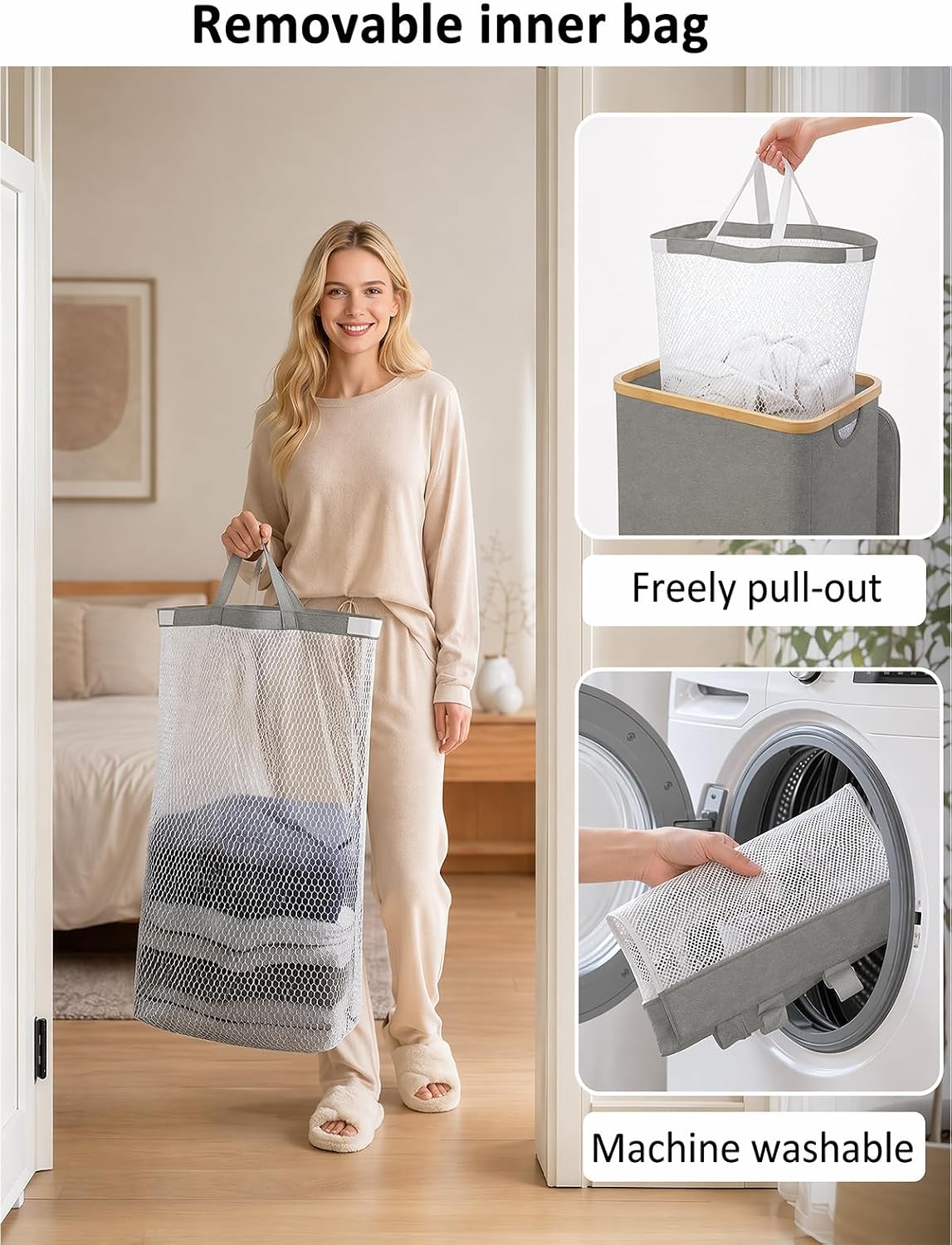 Laundry Hamper with Lid,110L Laundry Basket with Mesh Bags,Beige