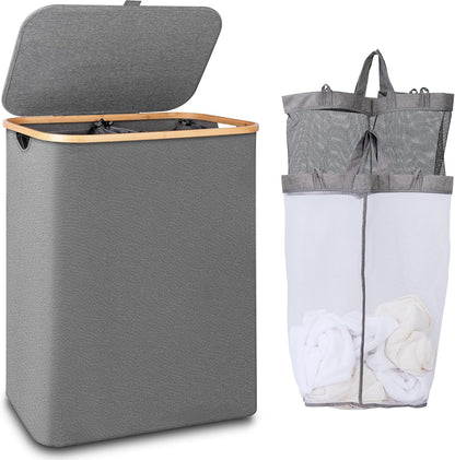 Laundry Hamper with Lid,110L Laundry Basket with Mesh Bags,Beige