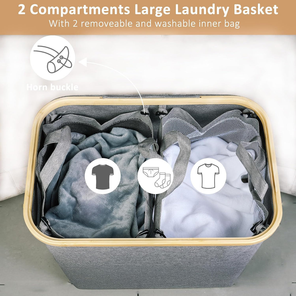 Laundry Hamper with Lid,110L Laundry Basket with Mesh Bags,Beige