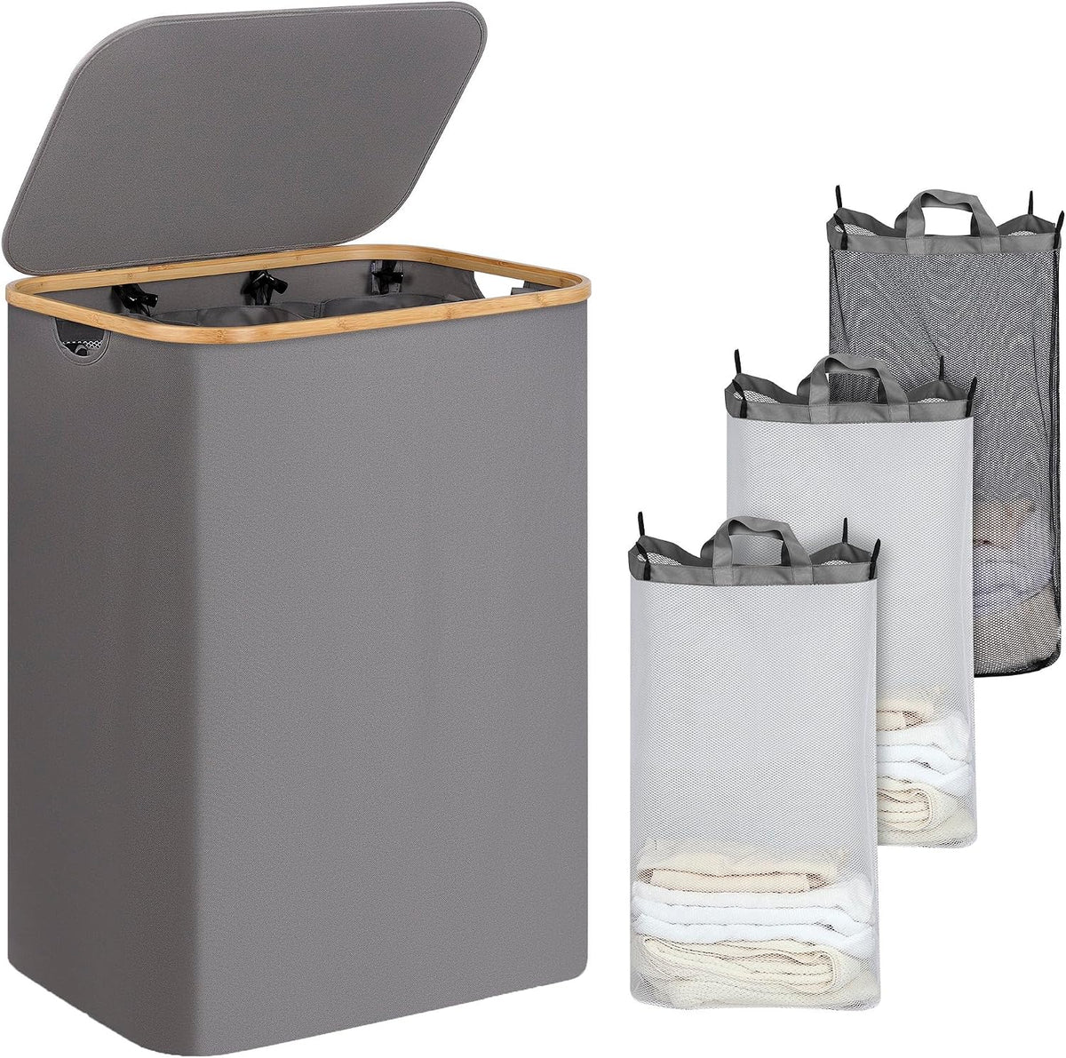 Laundry Hamper with Lid,110L Laundry Basket with Mesh Bags,Beige