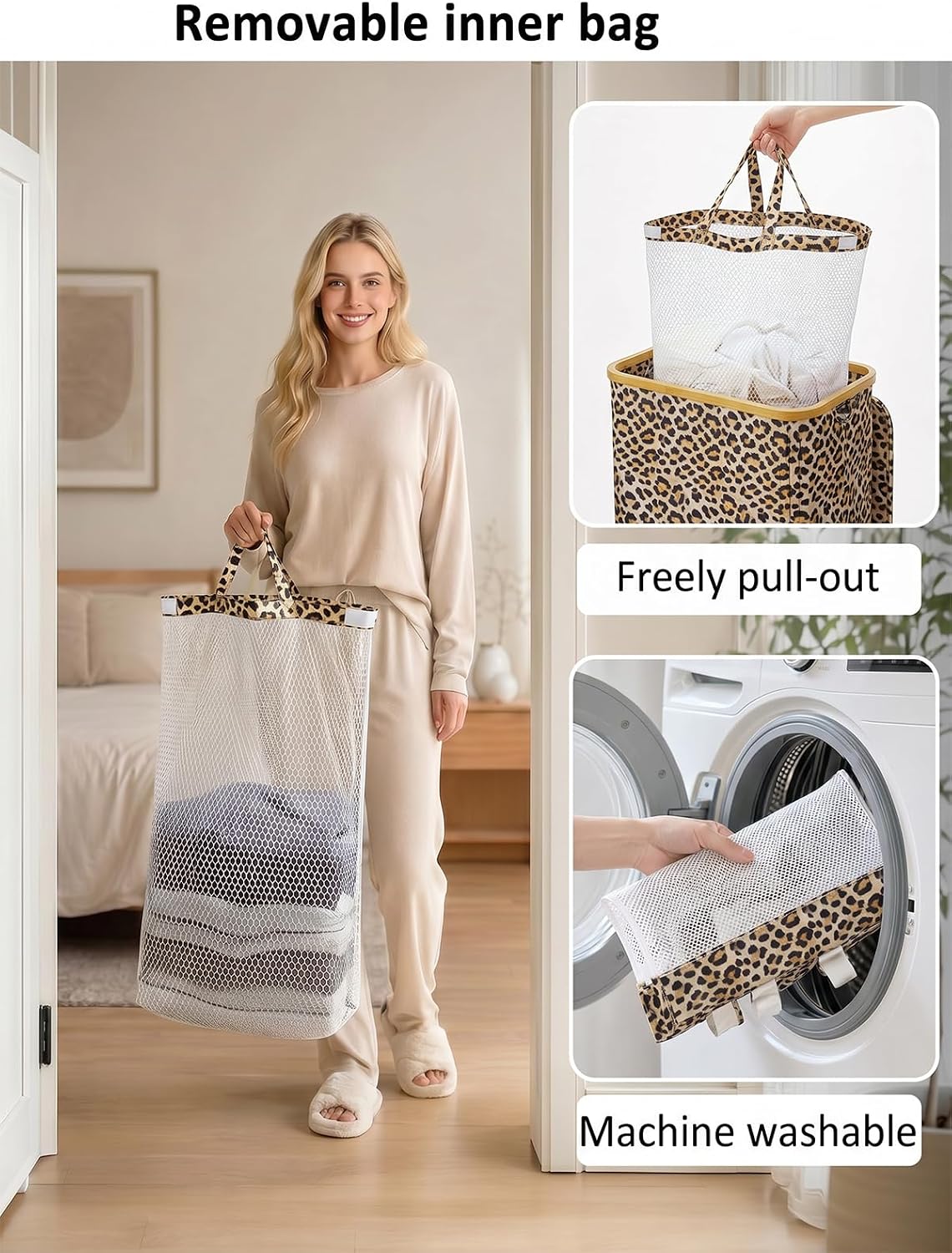 Laundry Hamper with Lid,110L Laundry Basket with Mesh Bags,Beige