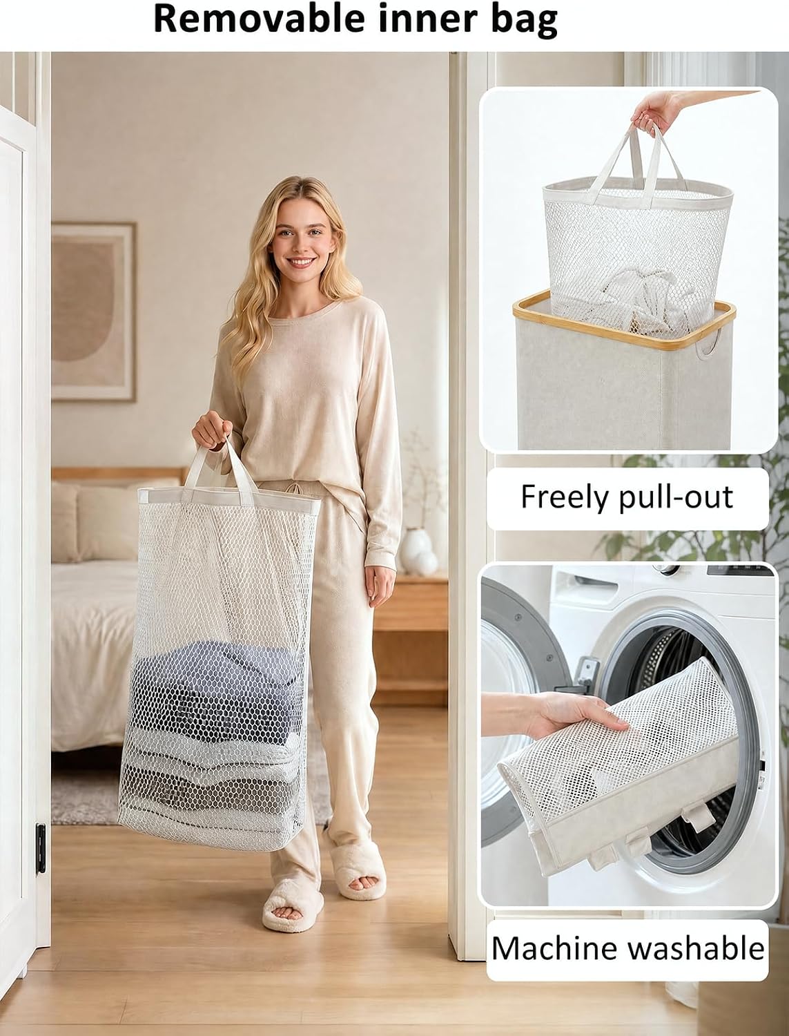 Laundry Hamper with Lid,110L Laundry Basket with Mesh Bags,Beige
