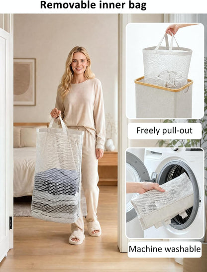 Laundry Hamper with Lid,110L Laundry Basket with Mesh Bags,Beige