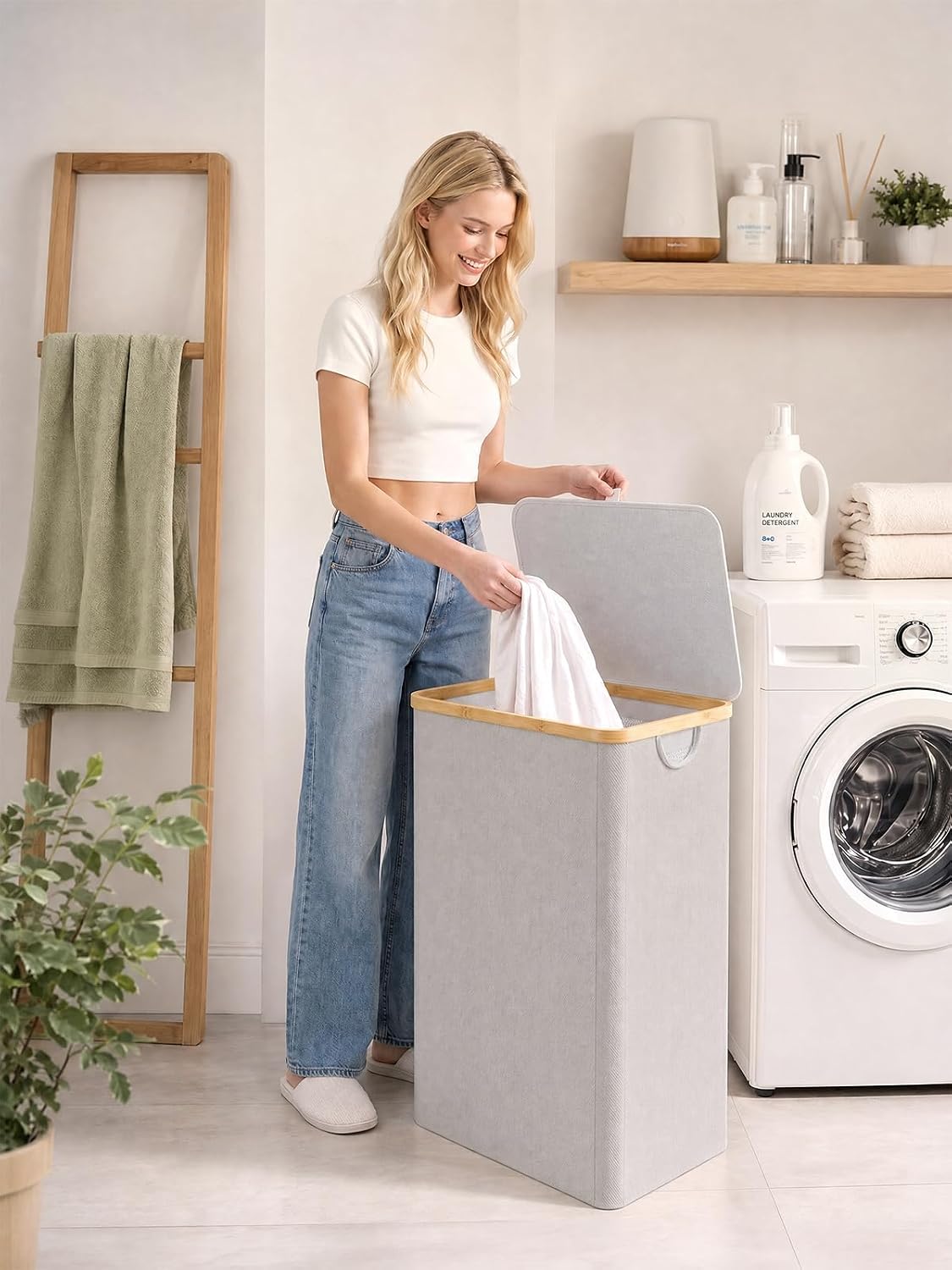 Laundry Hamper with Lid,110L Laundry Basket with Mesh Bags,Beige