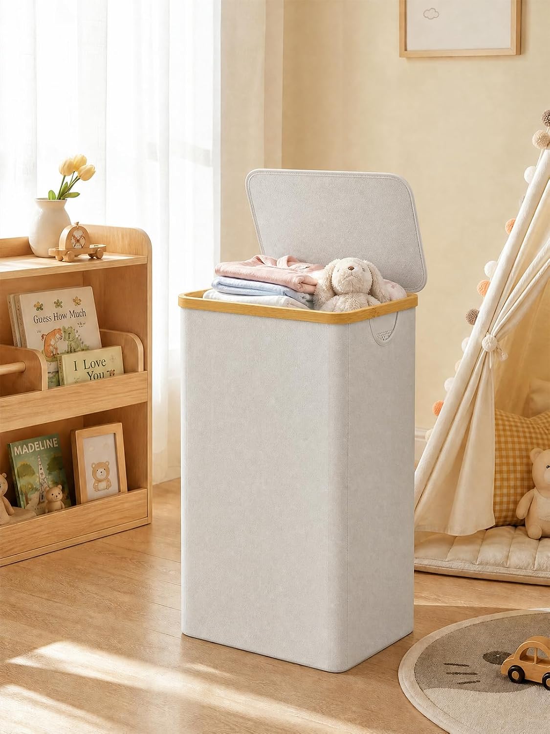 Laundry Hamper with Lid,110L Laundry Basket with Mesh Bags,Beige