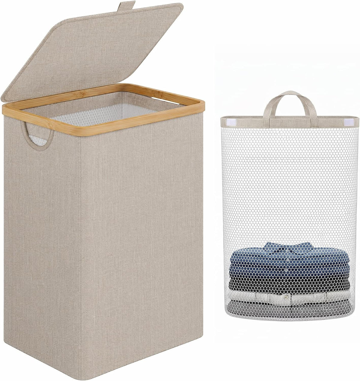 Laundry Hamper with Lid,110L Laundry Basket with Mesh Bags,Beige
