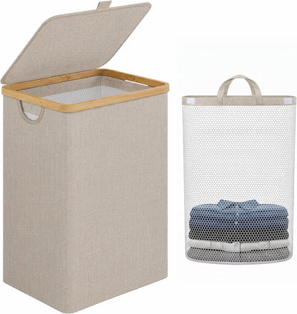 Laundry Hamper with Lid,110L Laundry Basket with Mesh Bags,Beige