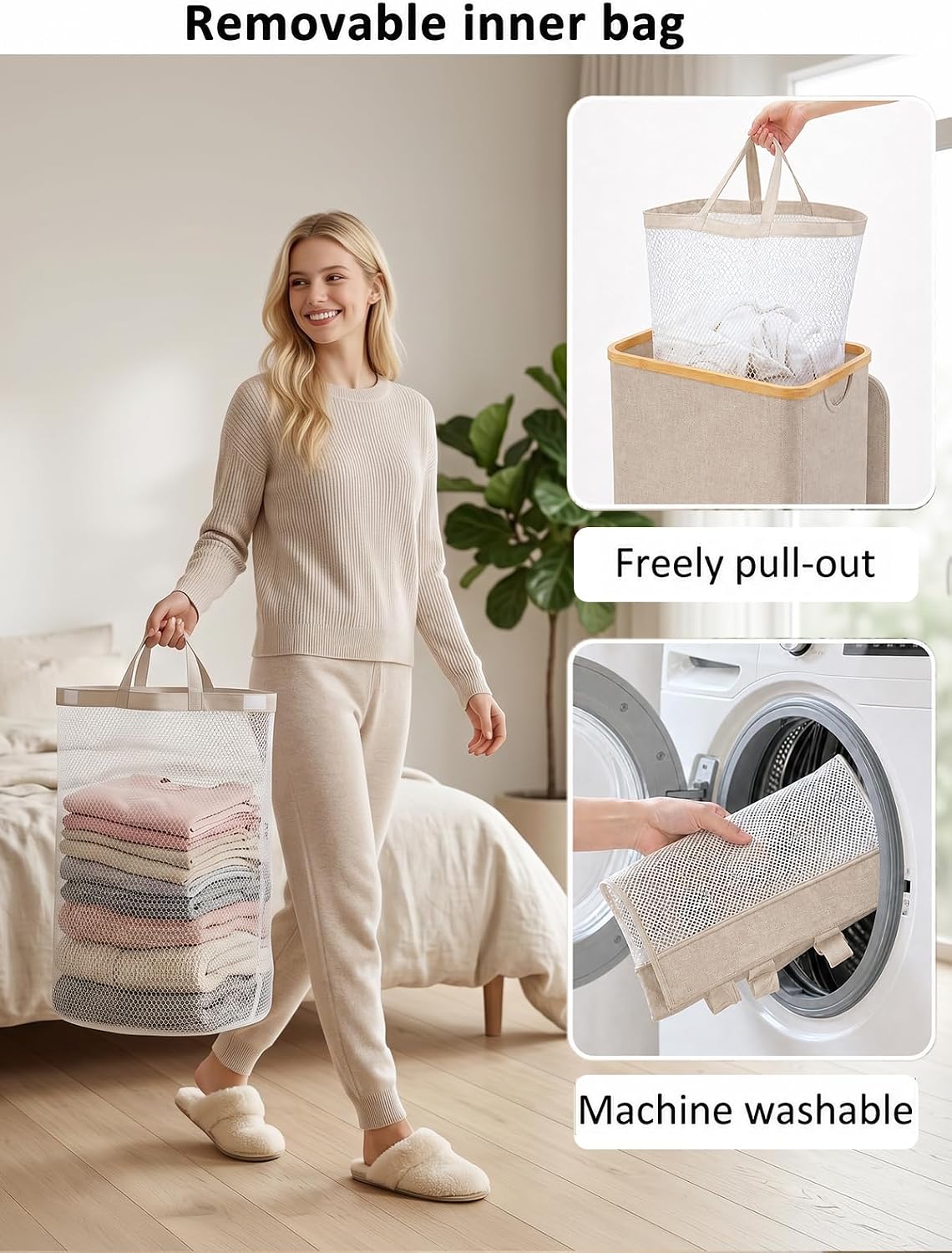 Laundry Hamper with Lid,110L Laundry Basket with Mesh Bags,Beige