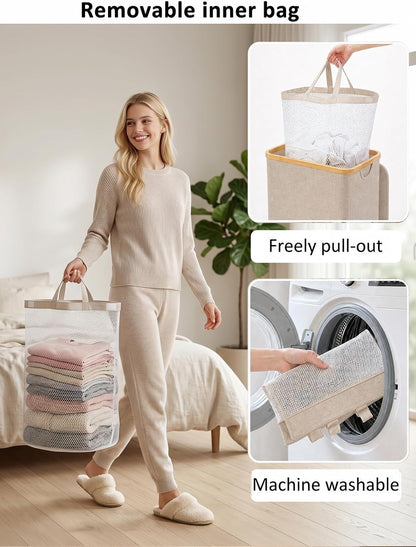 Laundry Hamper with Lid,110L Laundry Basket with Mesh Bags,Beige