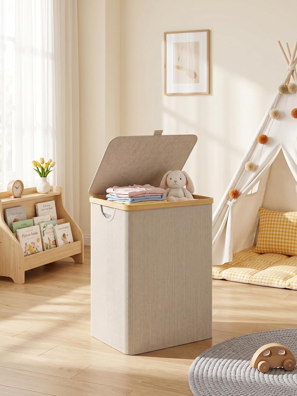 Laundry Hamper with Lid,110L Laundry Basket with Mesh Bags,Beige