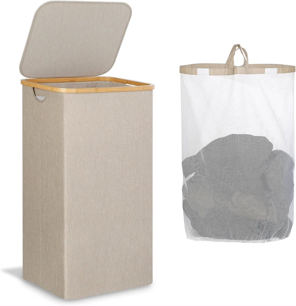 Laundry Hamper with Lid,110L Laundry Basket with Mesh Bags,Beige