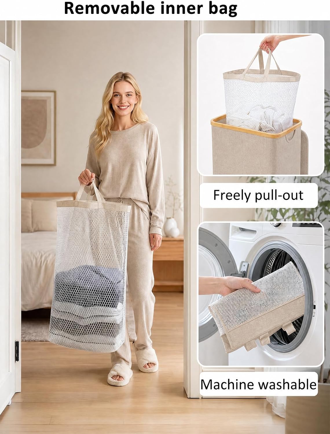 Laundry Hamper with Lid,110L Laundry Basket with Mesh Bags,Beige