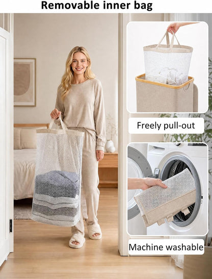 Laundry Hamper with Lid,110L Laundry Basket with Mesh Bags,Beige
