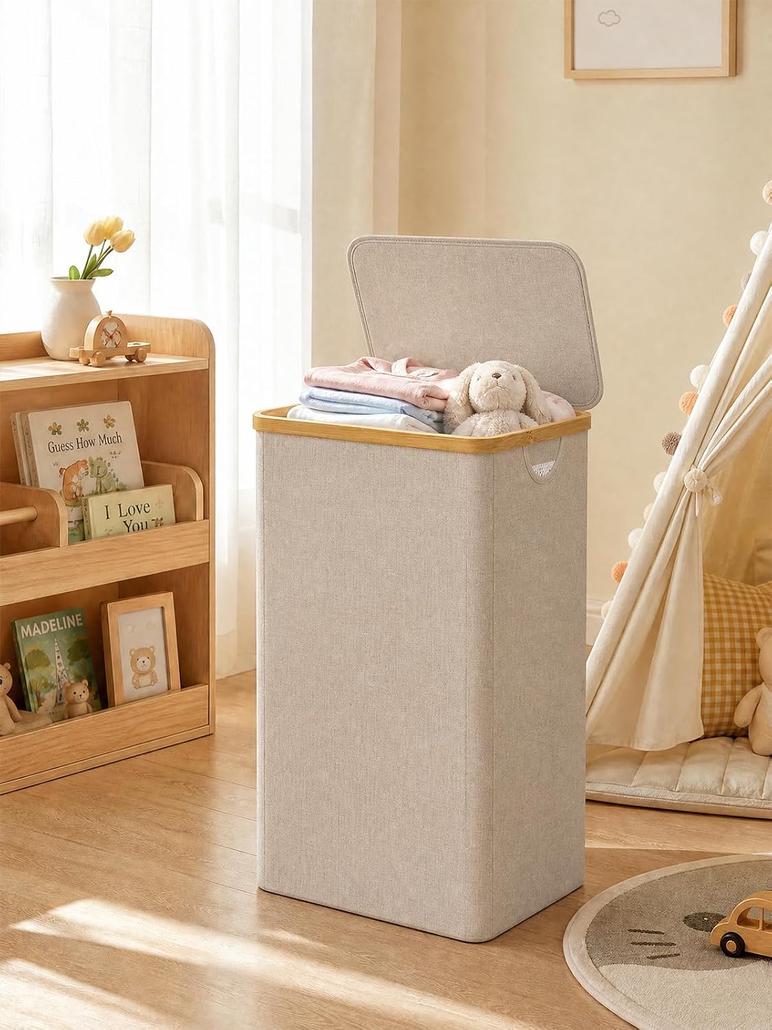 Laundry Hamper with Lid,110L Laundry Basket with Mesh Bags,Beige