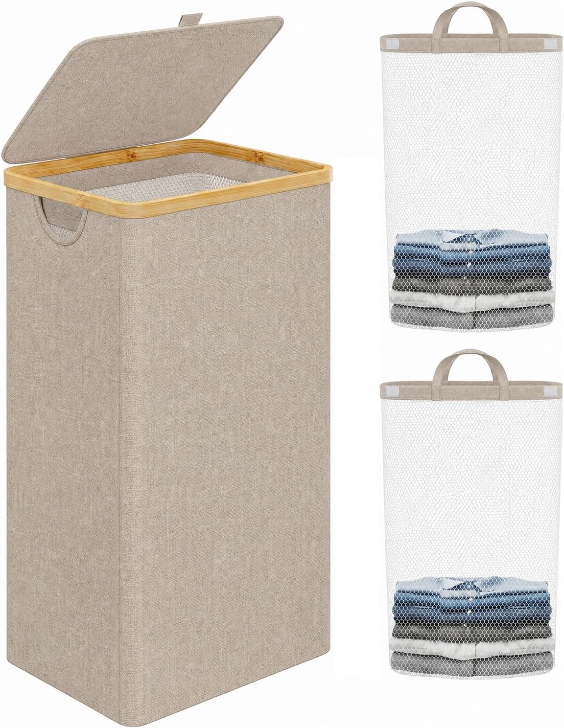 Laundry Hamper with Lid,110L Laundry Basket with Mesh Bags,Beige