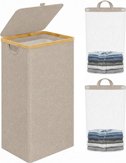Laundry Hamper with Lid,110L Laundry Basket with Mesh Bags,Beige