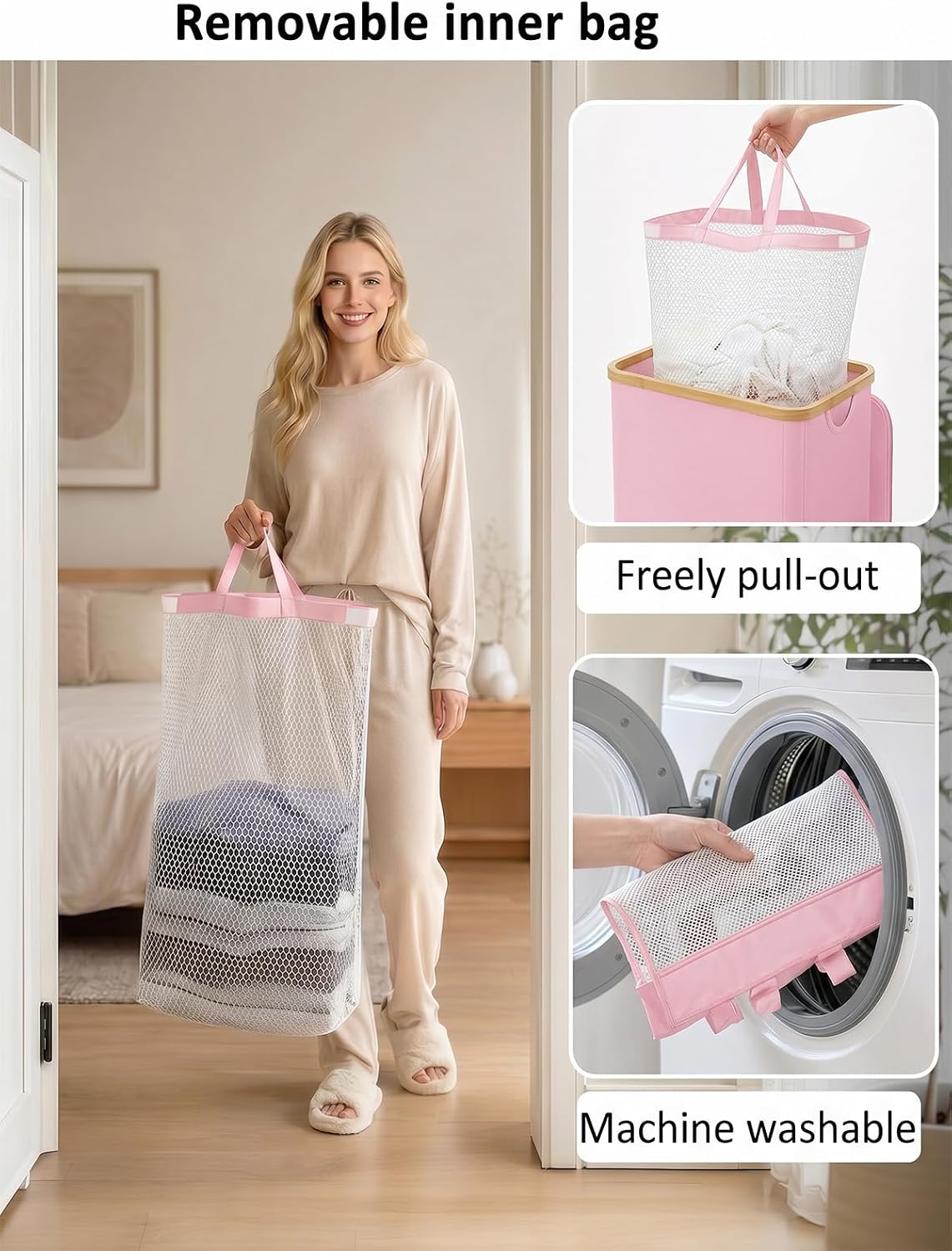 Laundry Hamper with Lid,110L Laundry Basket with Mesh Bags,Beige