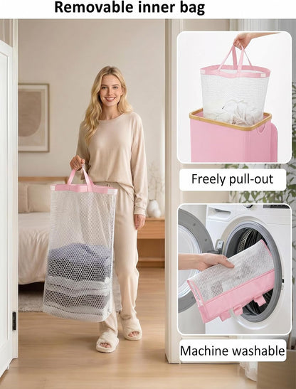 Laundry Hamper with Lid,110L Laundry Basket with Mesh Bags,Beige